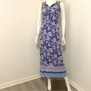 Talbots Maxi V-Neck Dress Sz 2 Blue Floral Paisley Sleeveless BOHO Model is 5’6